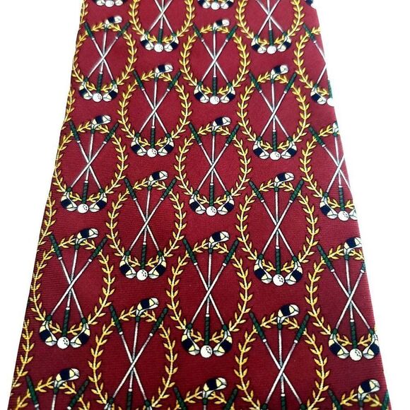 Tommy Hilfiger Red‎ Yellow Golf Print Wide Italian Silk Tie - Picture 2 of 7